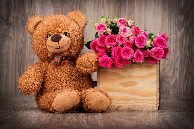 Cute Teddy Bear Wallpaper with Pink Roses in Box | HD Wallpapers for .