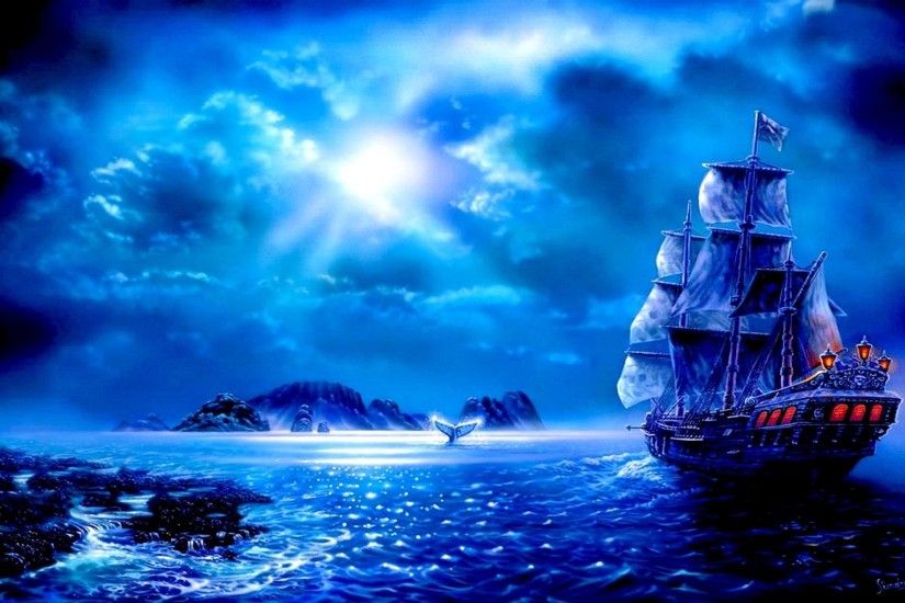 Fantasy - Ship Fantasy Blue Sailboat Moon Cloud Pirate Ocean Wallpaper