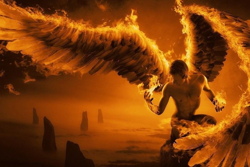 1920x1080 Wallpaper angel, wings, fire, fog, rocks