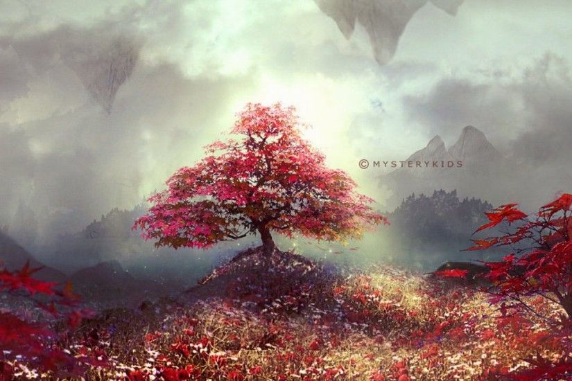 Red Tree Fantasy Landscape Wallpaper