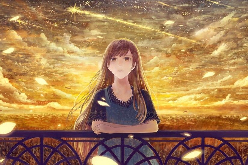Girl Fence Starry Sky Majestic Sad Anime Wallpaper