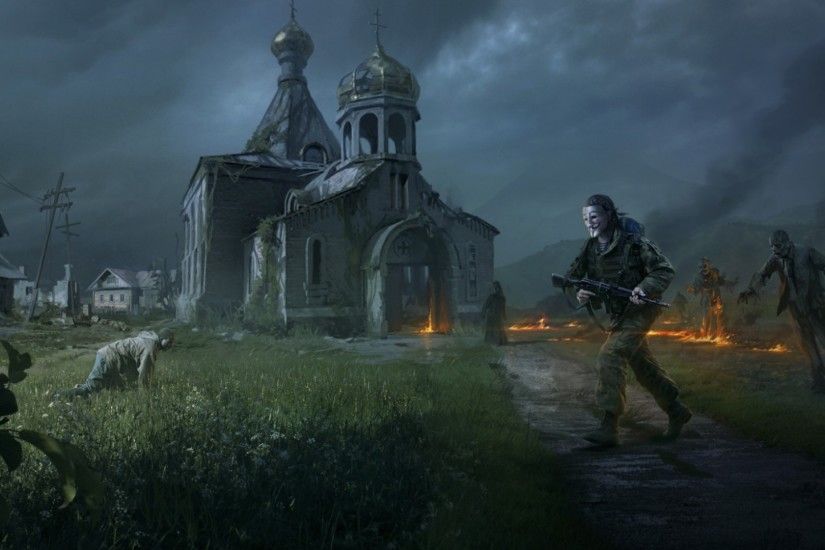 Preview wallpaper dayz standalone, apocalypse, fire, people, zombies,  church, village