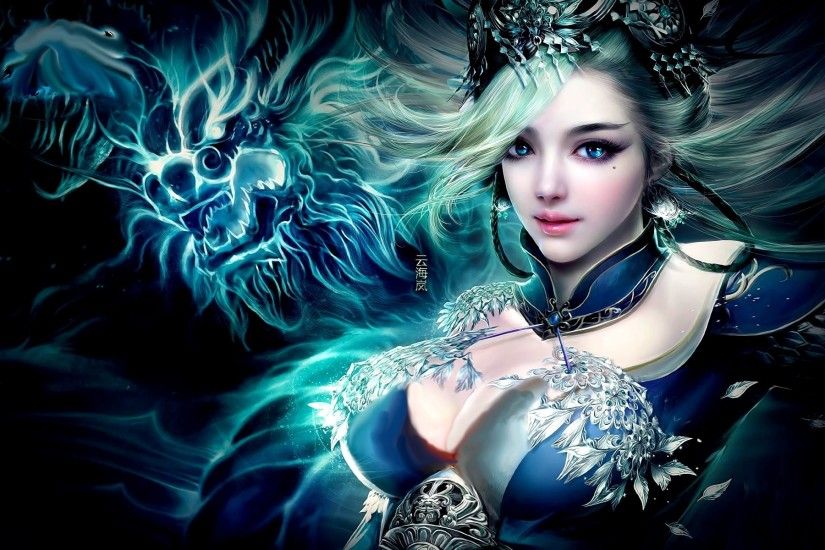 Fantasy - Women Dragon Oriental Blue Eyes White Hair Fantasy Woman Girl  Wallpaper