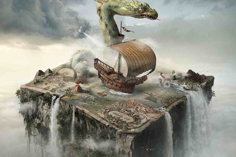 surreal, Map, Dragon, Boat