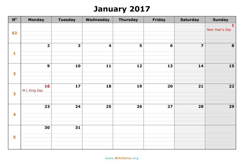 monday monthly calendar 2017 01