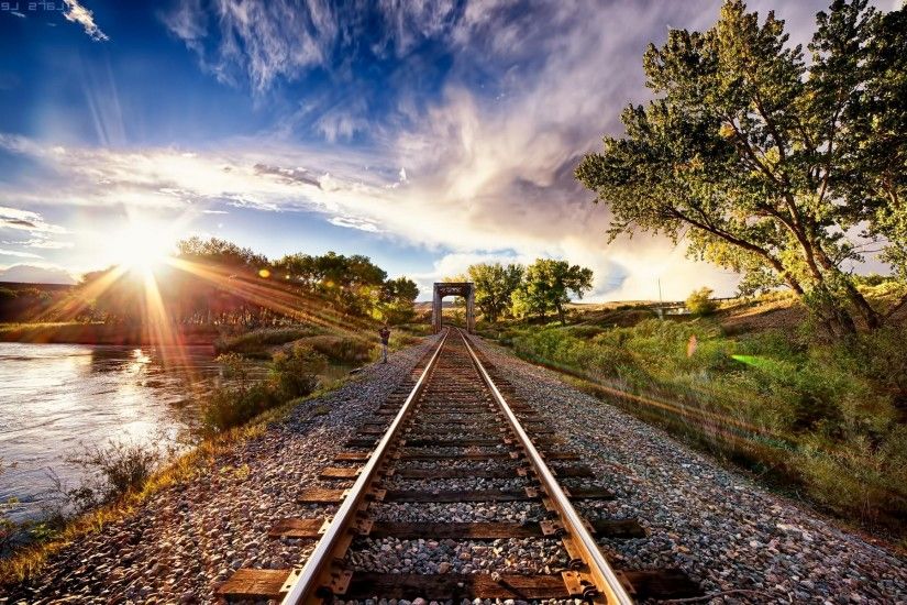 nature, Landscape, Sunset, Tracks, Train, Sun Rays, Trees, Clouds, River, HDR  Wallpapers HD / Desktop and Mobile Backgrounds