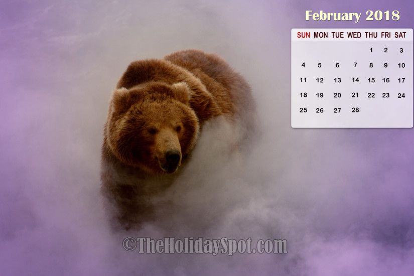 February 2018 Calendar Wallpaper of a bear