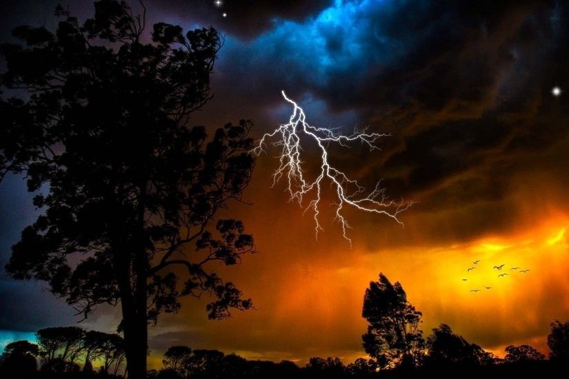 1920x1080 Wallpaper lightning, sky, trees, outlines, stars, bad weather,  night