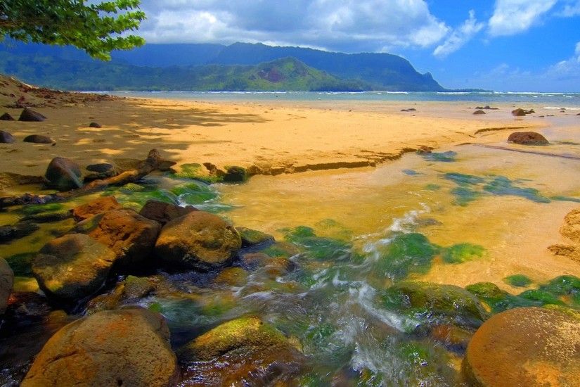 Preview wallpaper hawaii, day, sea, sand, stones 2560x1440