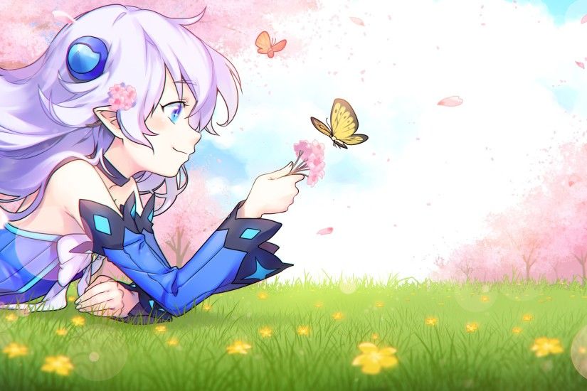 Anime 3000x1765 anime girls Lu (Elsword) Elsword aqua eyes butterfly cherry  blossom white hair