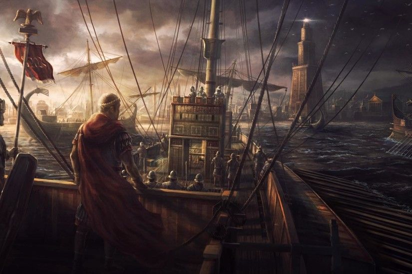 Painting done some time ago for the Total War: Rome II game. Caesar with  the roman fleet is going to land in the mighty port of Alexandria.