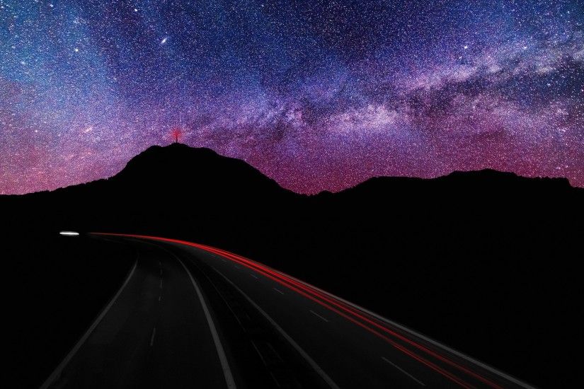 3840x2160 Wallpaper starry sky, road, rotate, glow
