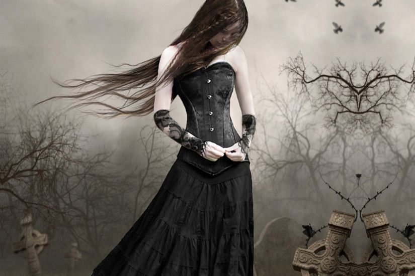Dark - Gothic Woman Sad Lonely Graveyard Fantasy Black Wallpaper