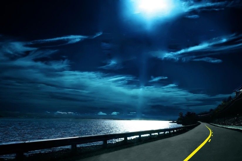 Moon roads nighttime sea wallpaper