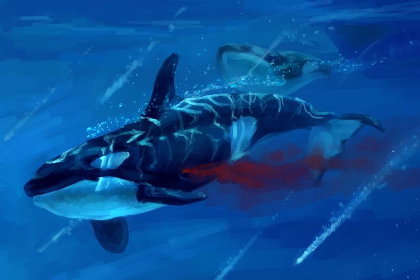 Wallpaper Orca Underwater world Blood Animals Painting Art 1920x1080