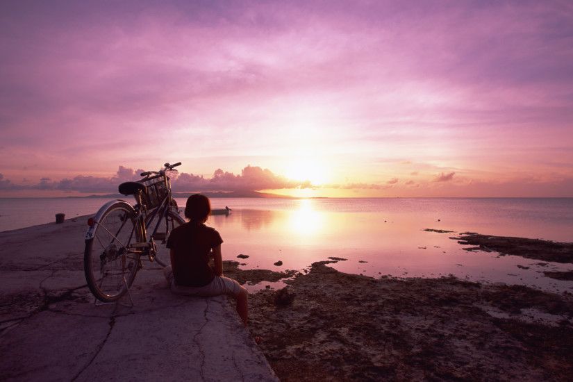 Photography - People Bicycle Japan Sunset Ocean Horizon Pink Wallpaper