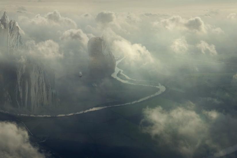 dual screen fantasy art ships landscapes castles clouds wallpaper .