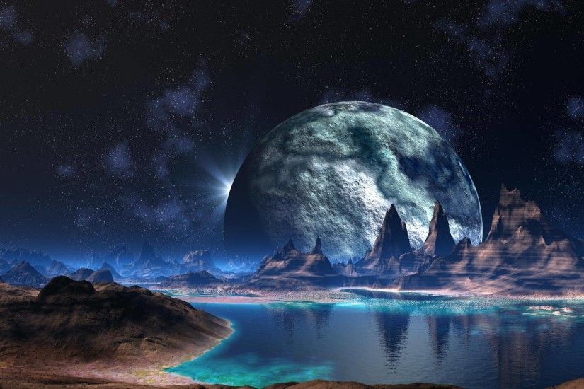 Stars Lake sci-fi space reflection mountains wallpaper background .