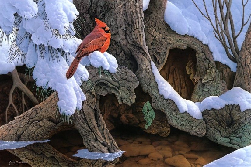 Painting snow winter tree bird cardinal wallpaper | 2545x1685 | 132748 .
