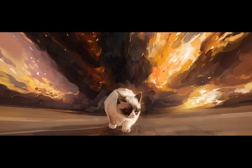 grumpy cat tarde surly cat gait background explosion