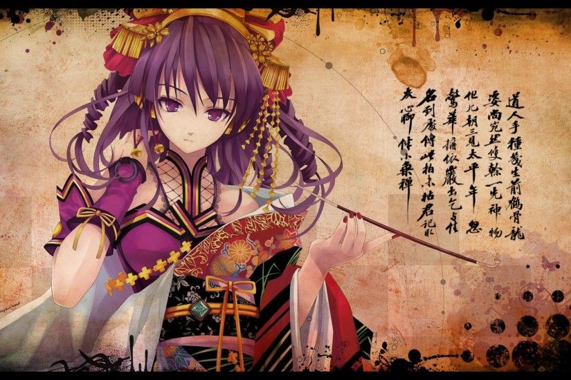 Abstract Beatmania Checkered Detached Sleeves Flowers Geisha Hifumi  Japanese Clothes Jewelry Kanji Long Hair Multicolor Pipes Purple Eyes Text