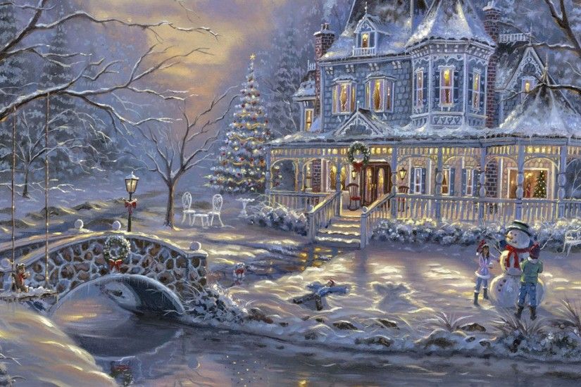 Houses - Merry Christmas Scene Victorian Painting December Cobblestone  Bridge Scenery Snow Holiday Illustration Art Artwork