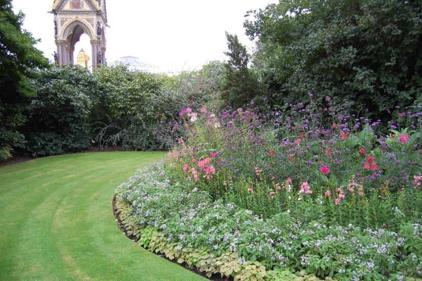 Kensington Garden flower walk with Albert Memorial in the background.