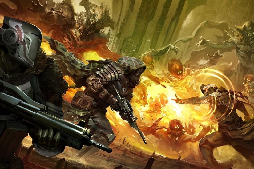 fireteam Titan, Hunter and Warlock vs Aliens Destiny sci fi game .