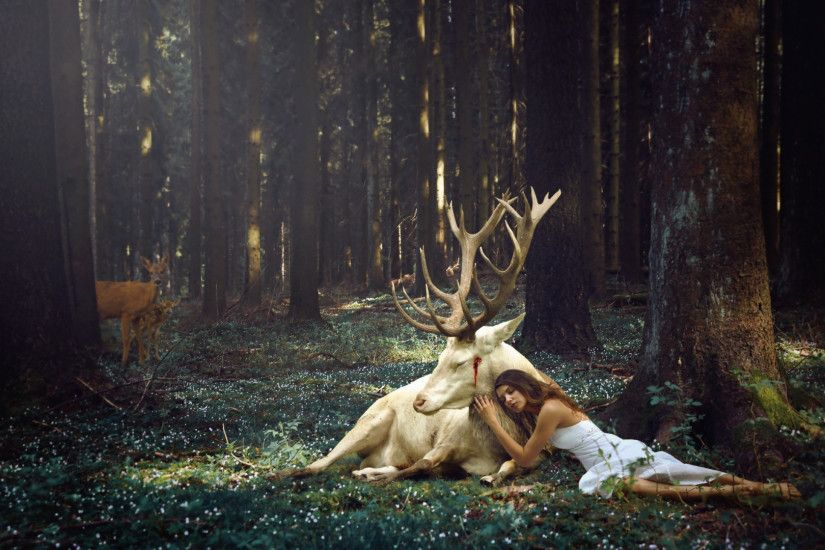 1920x1080 Wallpaper girl, deer, forest, blood, trees