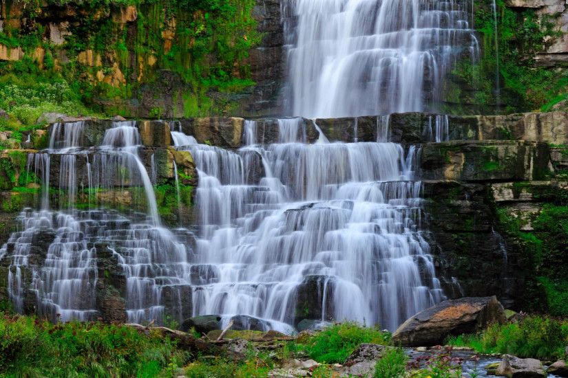 2560x1080 Wallpaper waterfall, stream, rocks, landscape