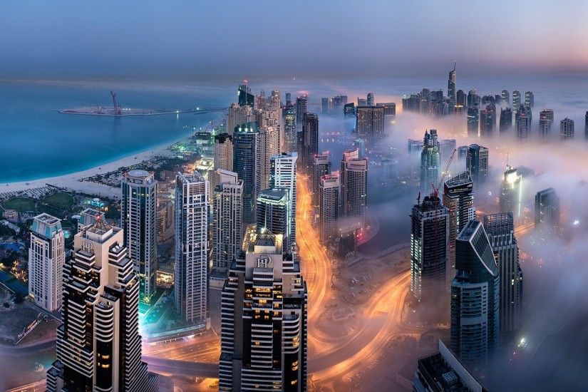 landscape, Nature, Skyscraper, Lights, Building, Mist, Sunrise, Dubai, Sea,  Bay Wallpapers HD / Desktop and Mobile Backgrounds