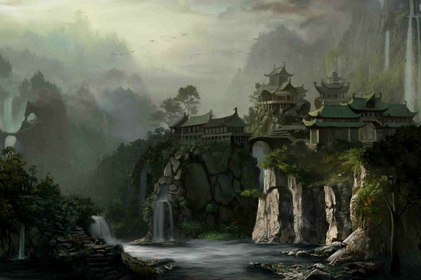 Artistic - Oriental Waterfall Tree Lake Wallpaper