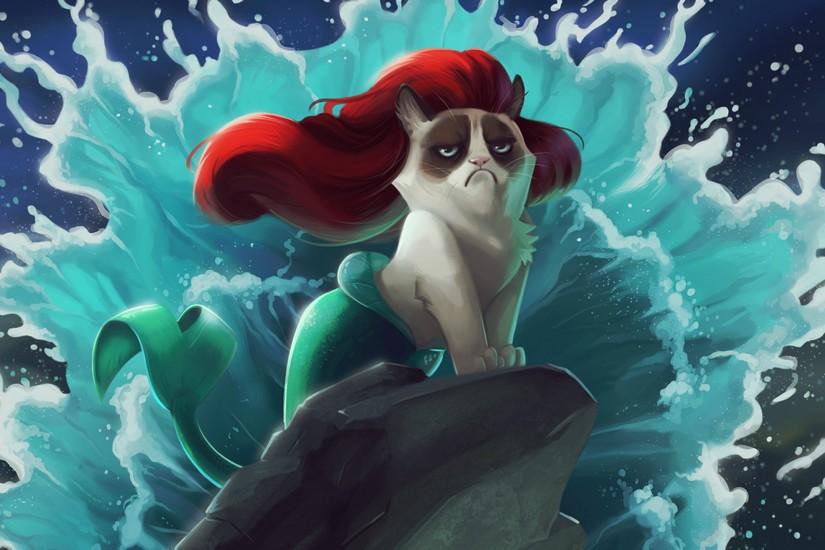 Preview wallpaper cat, mermaid, cartoon, grumpy cat 2560x1440