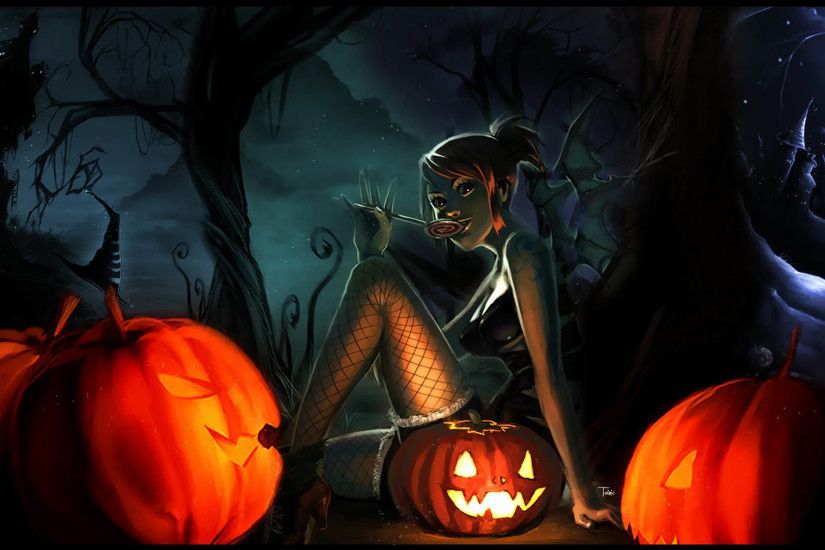 Anime Girl seating with Pumpkins Happy Halloween Wallpapers 2014