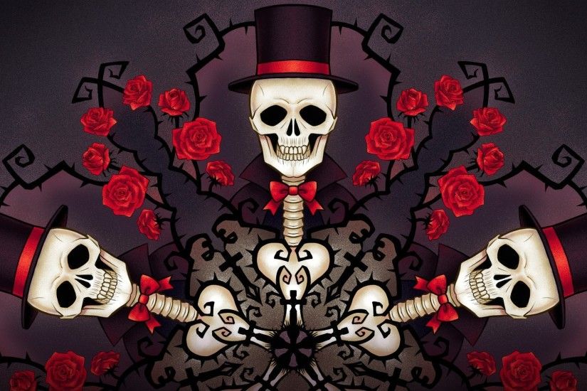 Skeletons in tophats and roses wallpaper