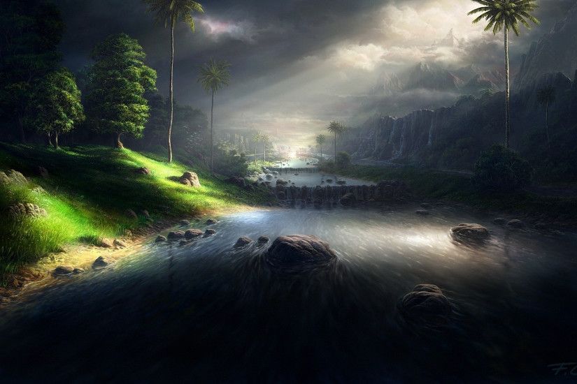 Sunlit Dark #River #landscape #Digital #Art 3D #Wallpaper