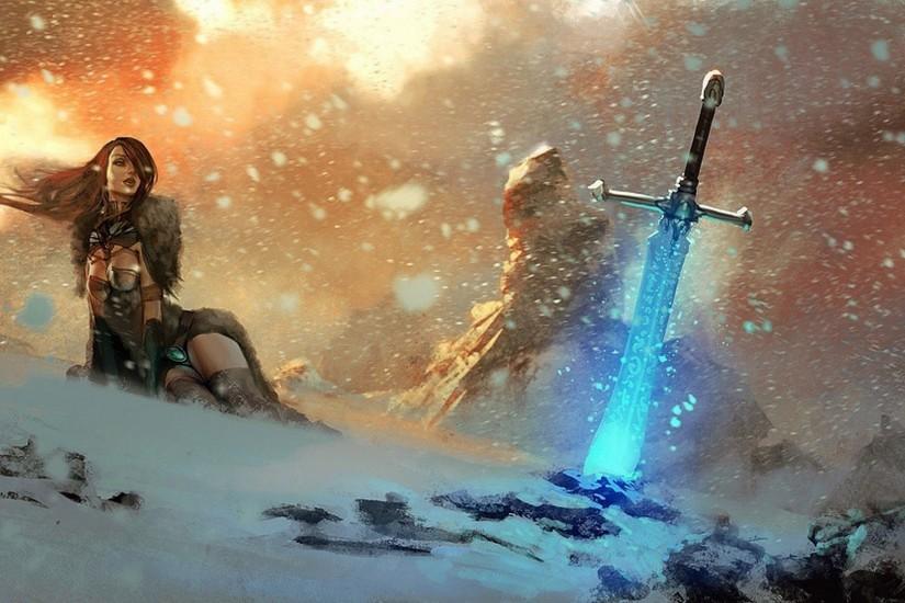 Warrior Woman Looking At The Glowing Sword Wallpaper
