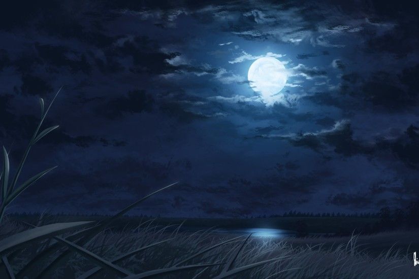night, Moon, Moonlight, Lake, Reeds, Landscape, Digital art