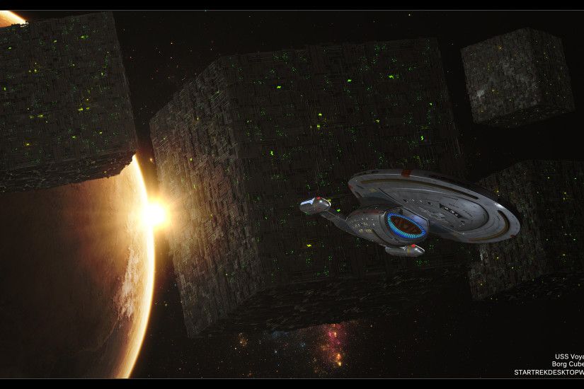 Star Trek Borg Cube And USS Voyager - free Star Trek computer desktop  wallpaper,