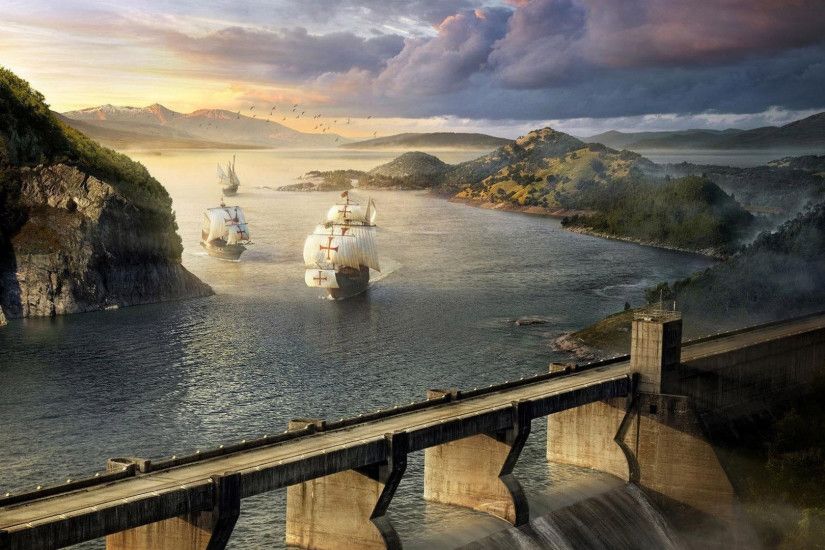 Ships near the dam wallpaper