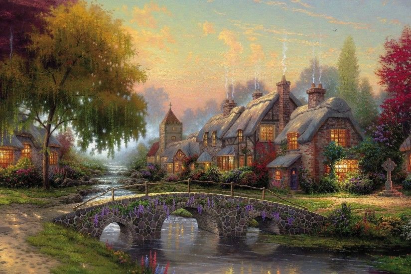 Beautiful landscape with stone houses and a bridge wallpaper