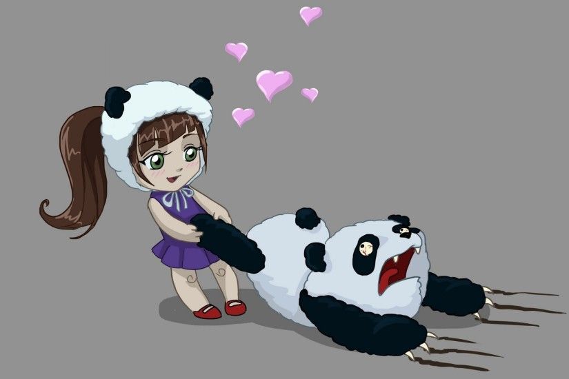 Funny Little Girl Loves Cute Panda Cartoon Wallpaper
