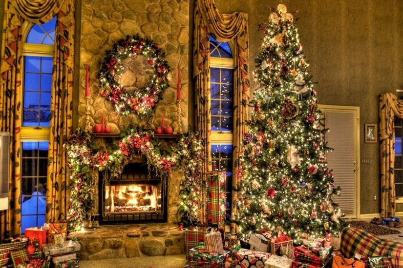 real christmas fireplace scene. fireplace and christmas tree real scene