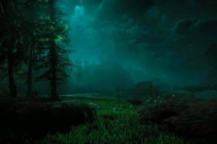 sunlight forest digital art video games night underwater moonlight  PlayStation 4 Aurora Horizon Zero Dawn light