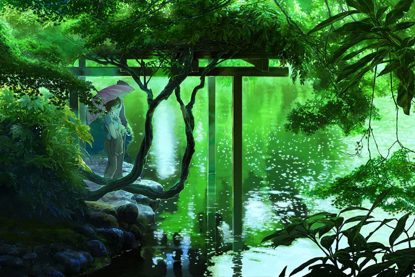 Anime 1920x1080 lake plants forest The Garden of Words nature anime green