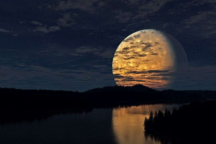 1920x1080 Wallpaper night, sky, moon, trees, river, reflection