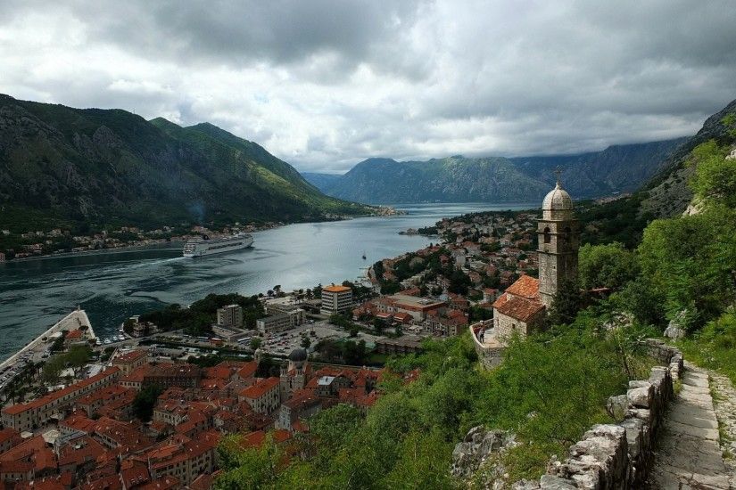 church gulf landscape which montenegro kotor bay kotor montenegro panorama  liner kotor bay mountain