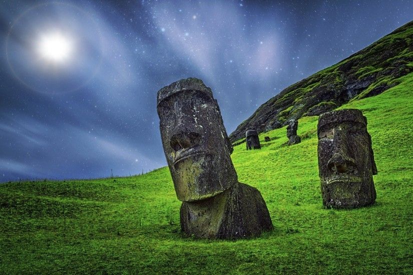 enigma, Nature, Landscape, Moai, Sculpture, Starry Night, Grass, Moonlight,  Easter Island, Rapa Nui, Chile, Statue, Stone, Long Exposure Wallpapers HD  ...