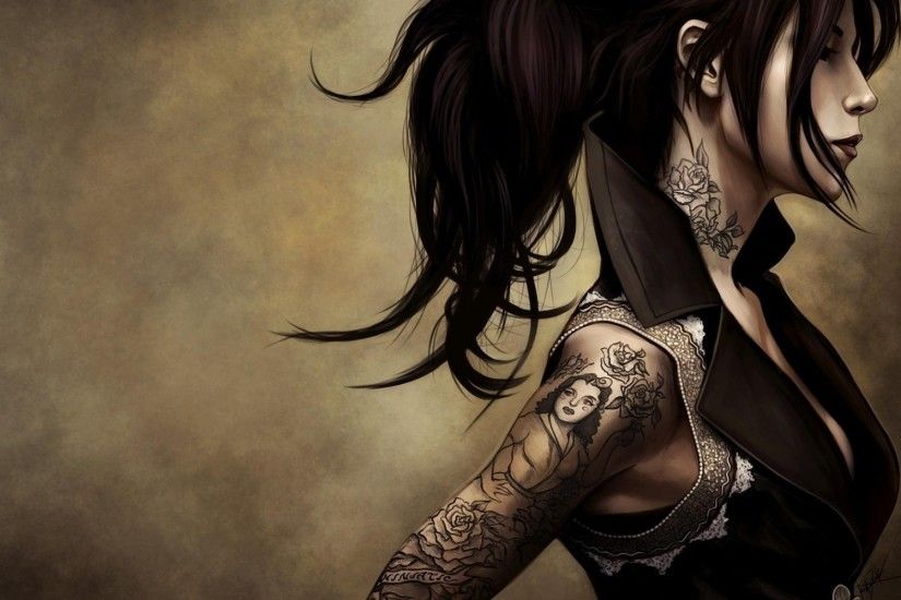 Fantasy art tattoo gothic women sexy babes brunettes boobs cleavage dark  glam Kat Von D wallpaper