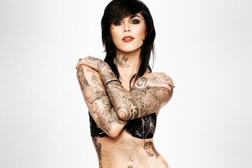Kat Von D, Brunette, Tattoo, Simple background HD Wallpapers / Desktop and  Mobile Images & Photos